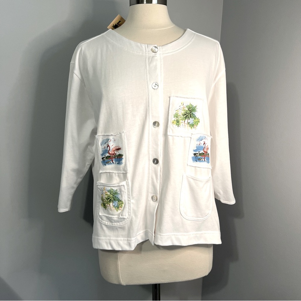 Palm Grove XL White Multicolor Button Down 3/4 Sleeve Cardigan Top